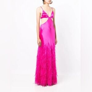 Cult Gaia Satin Pink Feathered Gown